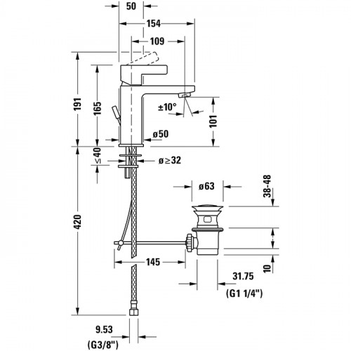 Duravit D-Neo Смеситель для раковины на 1 отв., с донным клапаном, h=165мм, излив 109мм цвет: хром