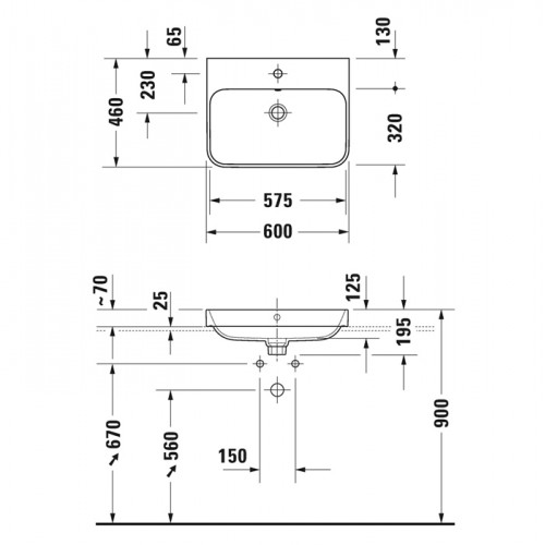 DURAVIT HAPPY D.2 PLUS Раковина 600х460 мм., без отверстий для смесителя, с переливом, с креплением, выпуск с керамическим клапаном, цвет белый