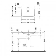 DURAVIT HAPPY D.2 PLUS Раковина 600х460 мм., без отверстий для смесителя, с переливом, с креплением, выпуск с керамическим клапаном, цв антрацит матов