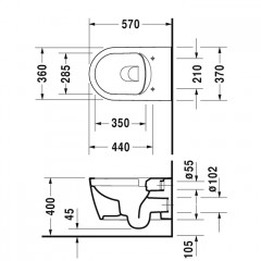Duravit ME by Starck Унитаз подвесной Rimless без смывного края, свкл. крепление Durafix, 4,5л. с HygieneGlaze, 370x570мм, Цвет белый