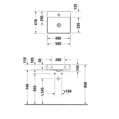 Duravit DuraSquare Раковина 50х47 см, без перелива, выпуск с керам покрытием, с 1 отв под смес, крепеж, цвет белый
