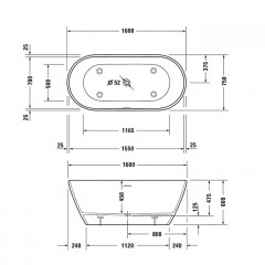 Duravit D-Neo Ванна из DuraSolid 1600х750хh600мм, отдельн-я, с 2 накл. для спины, с панелью и ножками, со спецсливом/переливо, без поручня, цвет белый