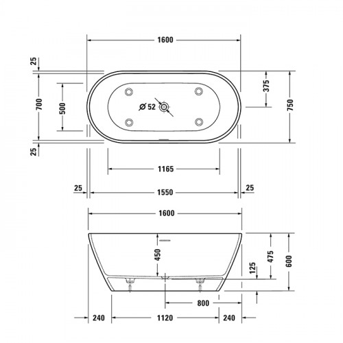 Duravit D-Neo Ванна из DuraSolid 1600х750хh600мм, отдельн-я, с 2 накл. для спины, с панелью и ножками, со спецсливом/переливо, без поручня, цвет белый