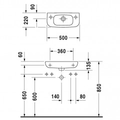 Duravit D-Code Раковина для рук с перел., с 1 отв. под смес. справа, 500x220мм, Цвет: Белый
