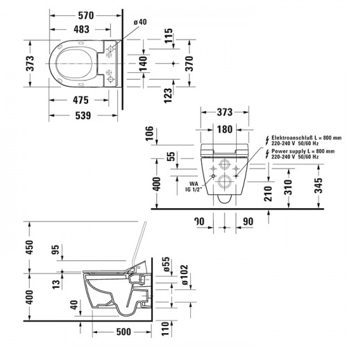 Duravit ME by Starck Унитаз подвесной 570х370 мм безободковый, HygieneFlush для SensoWash, цвет: белый