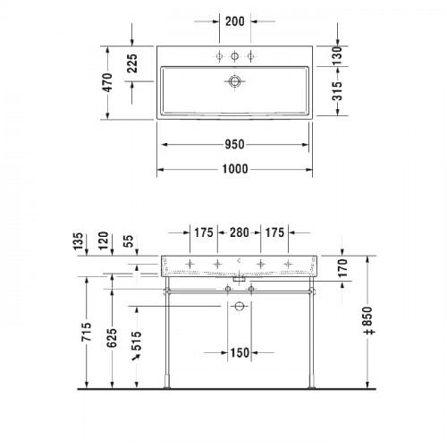 Duravit Vero Air Раковина 100cm, с переливом, с площадкой, c 2 отв. под смеситель, Цвет белый