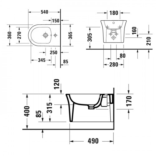 Duravit White Tulip Биде подвесное 370x540 мм, с переливом, с 1 отв под смеситель, с WonderGliss, цвет: белый