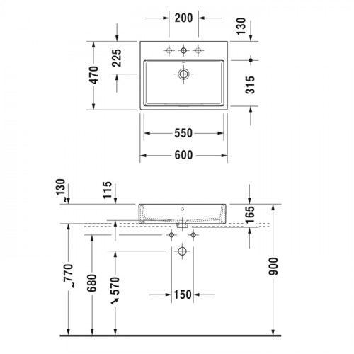 Duravit Vero Air Раковина 600мм, с переливом, с площадкой, с 1 отв. под смеситель, на столешницу, Цвет белый