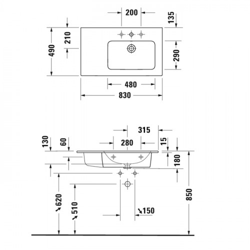 Duravit ME by Starck Раковина подвесная с переливом, с полкой слева, 1 отв под смес, 83х49см, цвет: белый