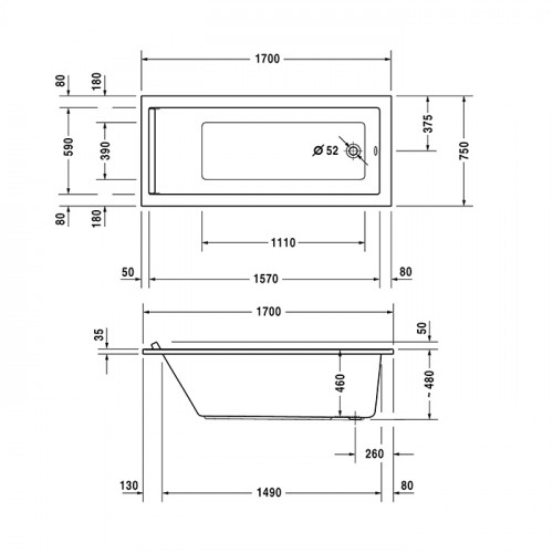 DURAVIT STARCK Ванна прямоугольная 1700x750 мм., встраиваемая, акрил, цвет белый