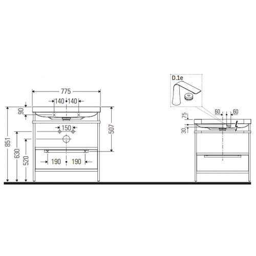Duravit Happy D.2 Plus Консоль напольная с умывальником 775х490х850 мм, с 1 отв под смесит, 1 ящик, выпуск и сифон в комплекте, цвет белый глянцевый