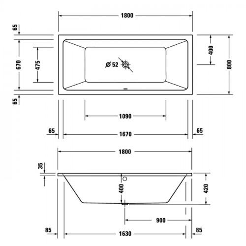 Duravit D.1 Ванна прямоугольная, встроенная, с двумя наклонами спинки, санитарный акрил