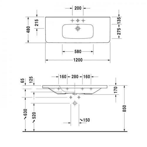 Duravit DuraStyle Раковина для мебели,с перел., с 1 отв. под смес., 1200x480мм, Цвет: Белый