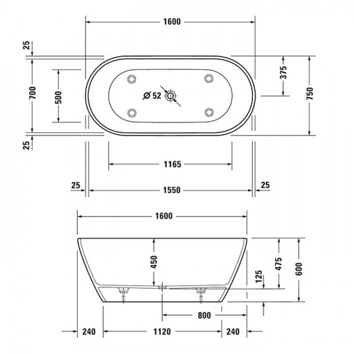 Duravit D-Neo Ванна из DuraSolid 1600х750хh600 мм , отдельностоящая, со сливом (без перелива), без поручня, цвет белый