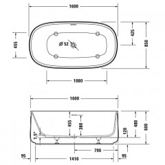 Duravit Zencha Ванна отдельн. 1600 x 850 mm, с бесш. панелью и опорной рамой, с 1 накл. спинки, с нажимным клапаном, DuroCast Plus белый матовый