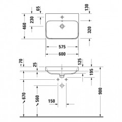 Duravit Happy D.2 Plus Раковина 600х460мм с переливом, 1 отв под смес, с креплением, выпуск с керам. покрытием цвет белый