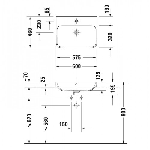Duravit Happy D.2 Plus Раковина 600х460мм с переливом, 1 отв под смес, с креплением, выпуск с керам. покрытием цвет белый