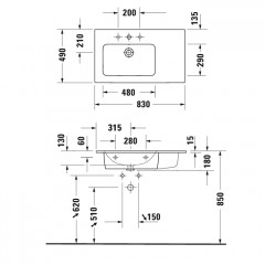 Duravit ME by Starck Раковина подвесная с переливом, с полкой справа, отв под смес, 83х49см, цвет: белый (со склада продаем с тумбой LC629102222)