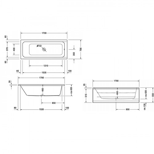 Duravit D-Code Ванна акриловая прямоугольная 1700х700 мм см, встраиваемая, с 1 наклоном для спины, выпуск центральный , цвет белый