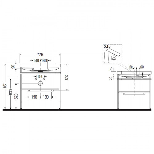 Duravit Happy D.2 Plus Консоль напольная с умывальником 775х490х850 мм, с 1 отв под смесит, 1 полка, выпуск, цвет белый глянцевый