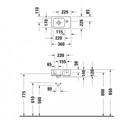 Duravit DuraStyle Умывальник для рук 360х220 мм, с отв. для смесителя справа ,без перелива, вкл. крепление, глазуровка снизу цвет: белый