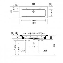 Duravit ME by Starck Раковина для мебели 1230х490 мм, с переливом, с площадкой, с 2 отв. под смеситель, Цвет белый