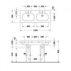 Duravit D-Code Двойная раковина для мебели, с перел.,с 1 отв. под смес., 1200x490мм, Цвет: Белый
