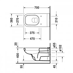 Duravit D-Code Унитаз подвесной с вертикальным смывом, для инвалидов на колясках, глубина 700 мм, 360x700, Цвет: Белый