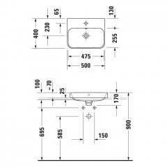 Duravit Happy D.2 Plus Раковина 500х400мм с переливом, без отв под смес, с креплением, выпуск с керам. покрытием цвет Anthracite matt/белый, покр Wo