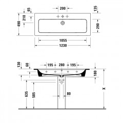 Duravit ME by Starck Раковина для мебели 1230х490 мм, с переливом, с площадкой, с 1 отв. под смеситель по центру, Цвет белый