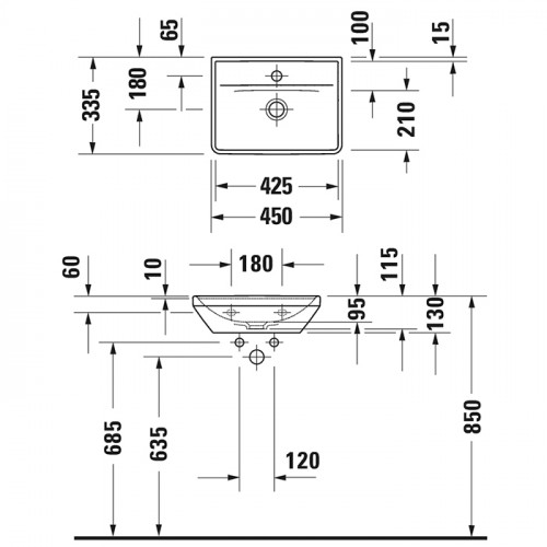 Duravit D-Neo Раковина 450х335 мм, без перелива, с 1 отв. под смеситель, с WonderGliss, цвет: белый