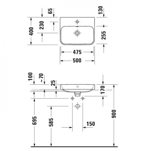 Duravit Happy D.2 Plus Раковина 500х400мм с переливом, 1 отв под смес, с креплением, выпуск с керам. покрытием цвет Anthracite matt