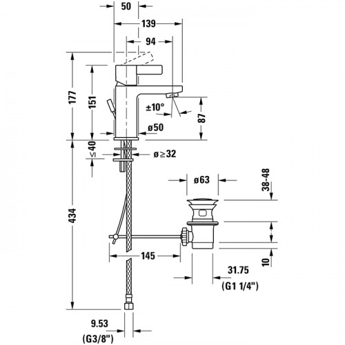 Duravit D-Neo Смеситель для раковины на 1 отв., с донным клапаном, h=151мм, излив 94мм, EcoStart цвет: хром