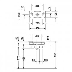 Duravit DuraStyle Умывальник для рук без перелива, без отв. для смесителя, 500x220мм, Цвет: Белый (СПЕЦЦЕНА)