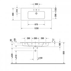 Duravit ME by Starck Раковина для мебели с перел., без отв. под смес., 1230x490мм, Цвет: Белый