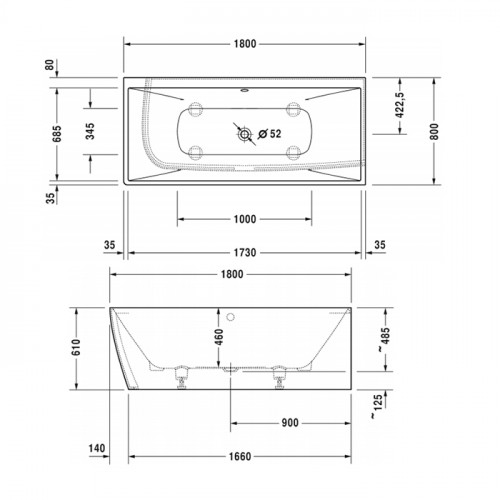 Duravit Vitrium Ванна 1800x800мм, угол справа, с панелью и ножками.с 2 наклонами для спины. цвет белый