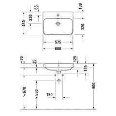 DURAVIT HAPPY D.2 PLUS Раковина 600х460 мм, без отверстий для смесителя, с переливом, с креплением, выпуск с керам клапаном, цв белый/антрацит матовый