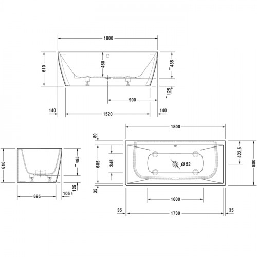 Duravit Vitrium Ванна прямоугольная пристенная 1800x800мм, с ножками, с2 наклонами для спины, цвет матовая корица