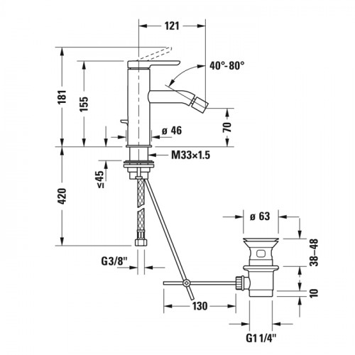 Duravit C.1 Смеситель для биде с донным клапаном, на 1 отв., излив 121мм, цвет: хром