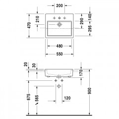 Duravit Vero Раковина встр. до половины с перел., с 1 отв. под смес., включая крепление для встраивания в деревянную столешницу, 550x470, Цвет: Белый