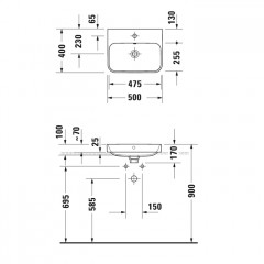 Duravit Happy D.2 Plus Раковина 500х400мм с переливом, 1 отв под смес, с креплением, выпуск с керам. покрытием цвет Anthracite matt/белый