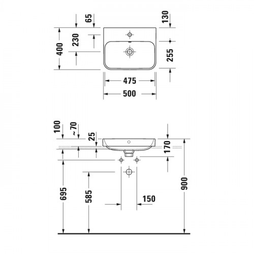 Duravit Happy D.2 Plus Раковина 500х400мм с переливом, 1 отв под смес, с креплением, выпуск с керам. покрытием цвет Anthracite matt/белый