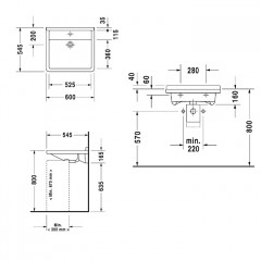 Duravit Starck III Раковина подвесная узкая 600х545 мм. с переливом, с намеч отв под смеситель, цвет белый