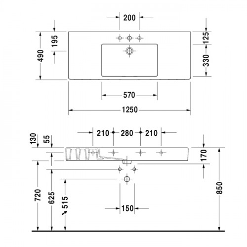 Duravit Vero Раковина для мебели с перел., с 1 отв. под смес., 1250x490мм !без упаковки!, Цвет: Белый (плохое качество раковины предупреждать клиента)