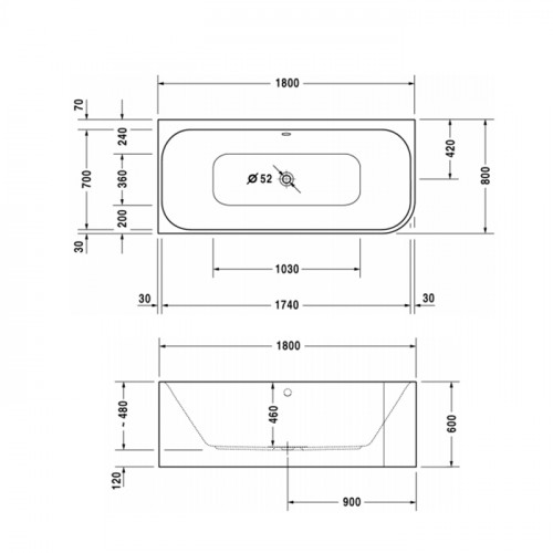 DURAVIT Happy D2 Ванна 1800х800 мм, угол слева вариант с двумя наклонами для спины, с интегр акрилов панелью и ножками, цвет белый
