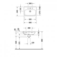 Duravit DuraStyle Раковина медицинский Med,без перелива, без отврстия под смес., 600x440мм, Цвет: Белый
