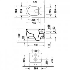 Duravit Qatego Унитаз подвесной безободковый 370х570 мм, с креплением Durafix.с установленными петлями из нерж. стали, цвет белый