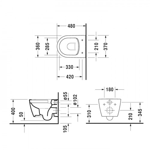 Duravit ME by Starck Унитаз подвесной Compact Rimless, вкл. крепление Durafix, 4,5л., 370x480мм, с покрытием WonderGliss Цвет: Белый