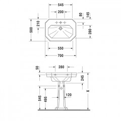 Duravit 1930 Duravit 1930 Раковина с перел., и 1 отв. под смес., 70х50х Н: 20.5см, Цвет: Белый