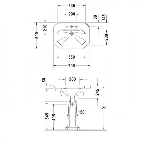 Duravit 1930 Duravit 1930 Раковина с перел., и 1 отв. под смес., 70х50х Н: 20.5см, Цвет: Белый